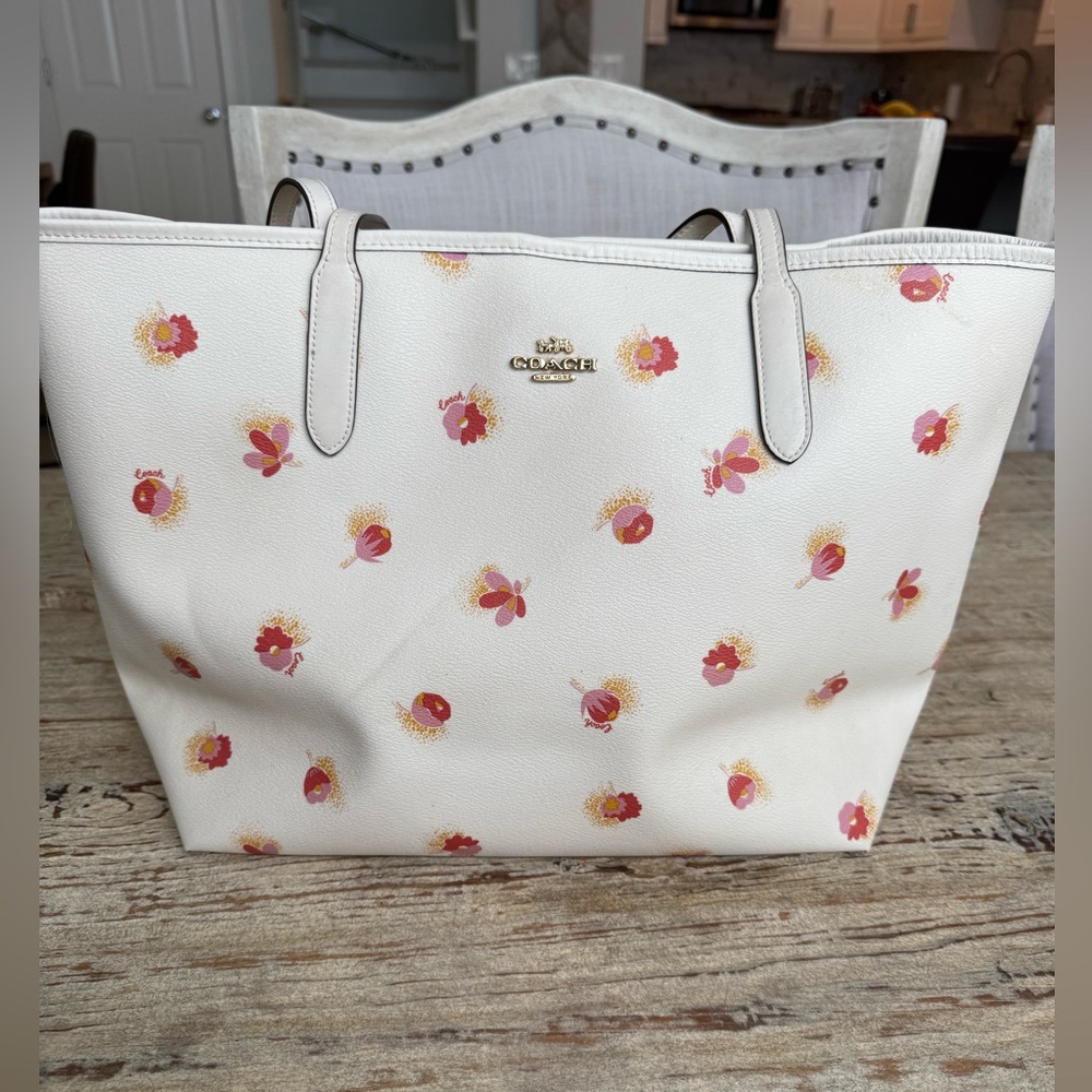 Coach Cream Leather Tote with Pink Floral Print